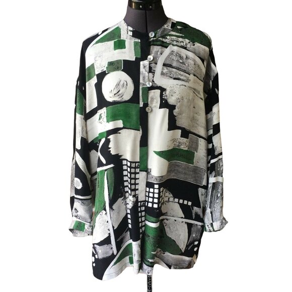 Kenar Button-Front Top Tunic Long-Sleeve Crew-Neck Green/Cream/Black Print S Ray - Picture 1 of 7